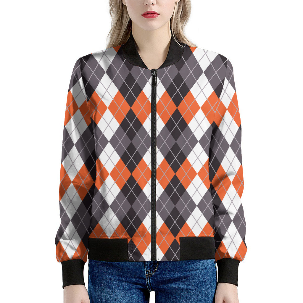 Grey Black Orange And White Argyle Print Women's Bomber Jacket