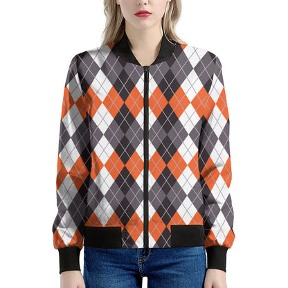 Grey Black Orange And White Argyle Print Women's Bomber Jacket