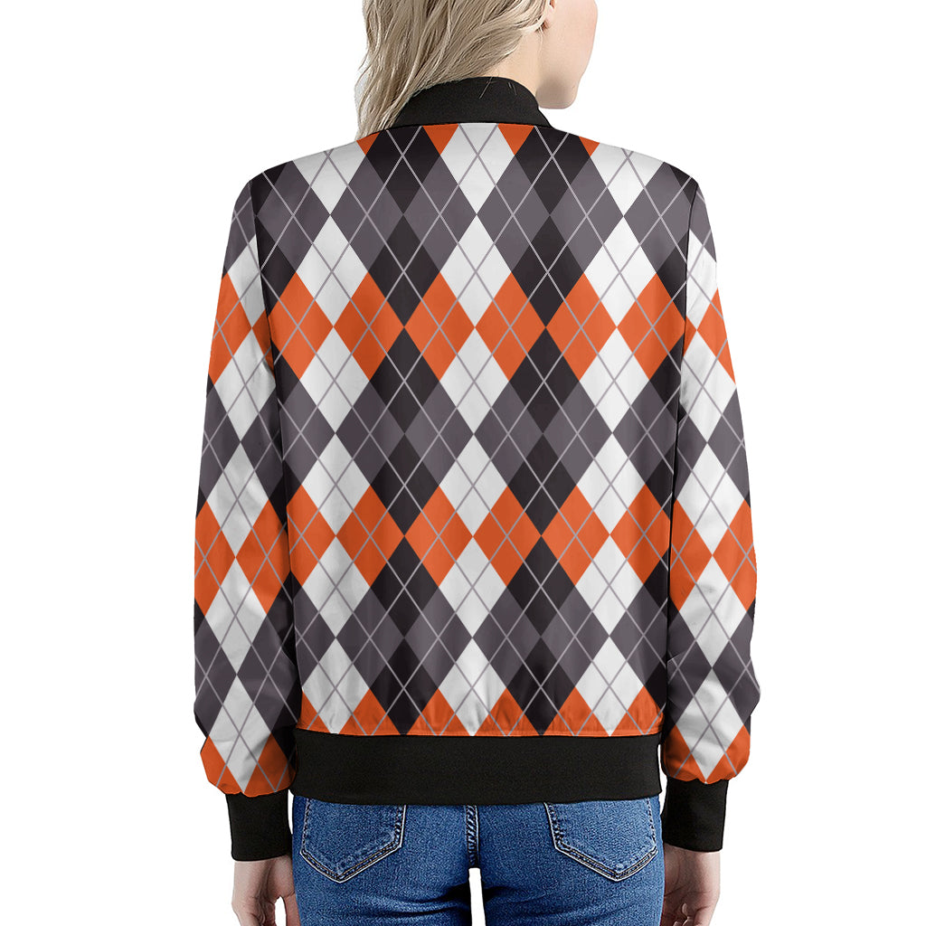 Grey Black Orange And White Argyle Print Women's Bomber Jacket