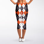 Grey Black Orange And White Argyle Print Women's Capri Leggings