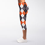Grey Black Orange And White Argyle Print Women's Capri Leggings