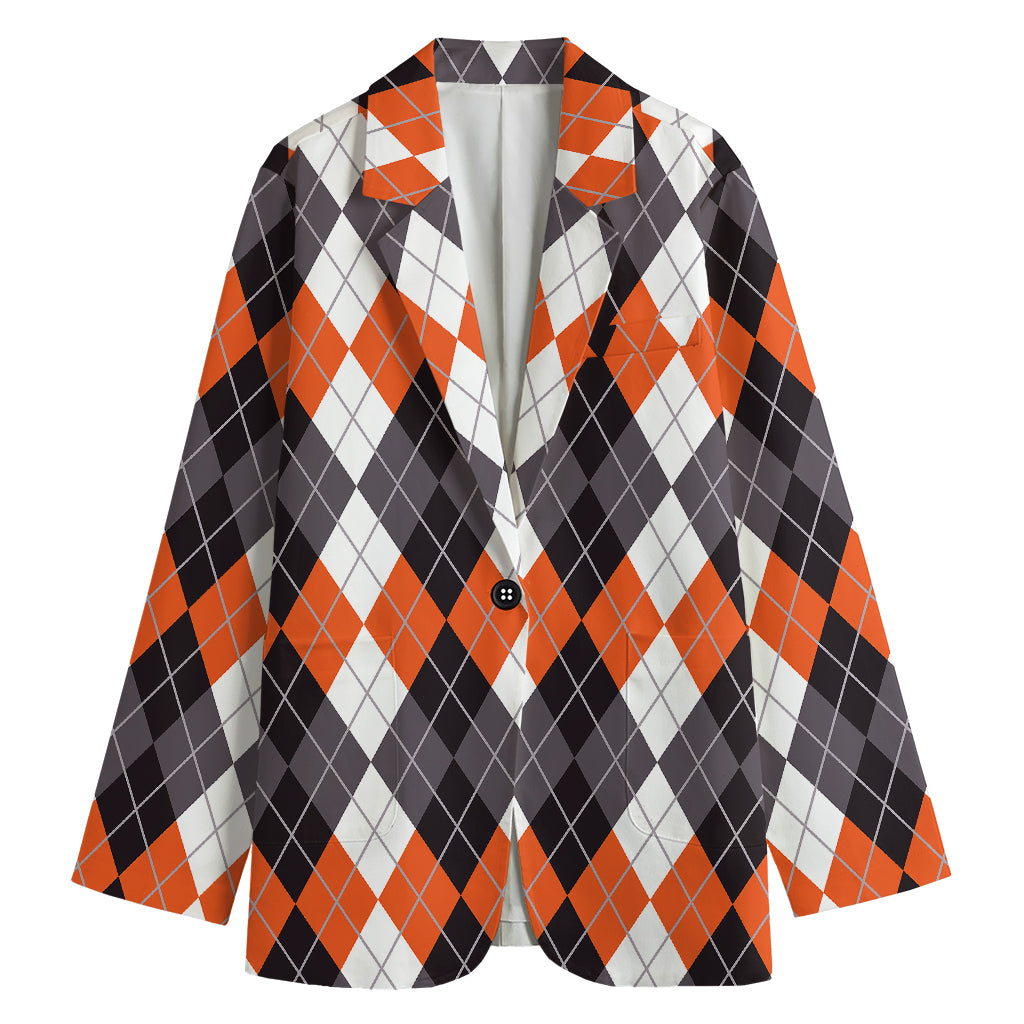 Grey Black Orange And White Argyle Print Women's Cotton Blazer