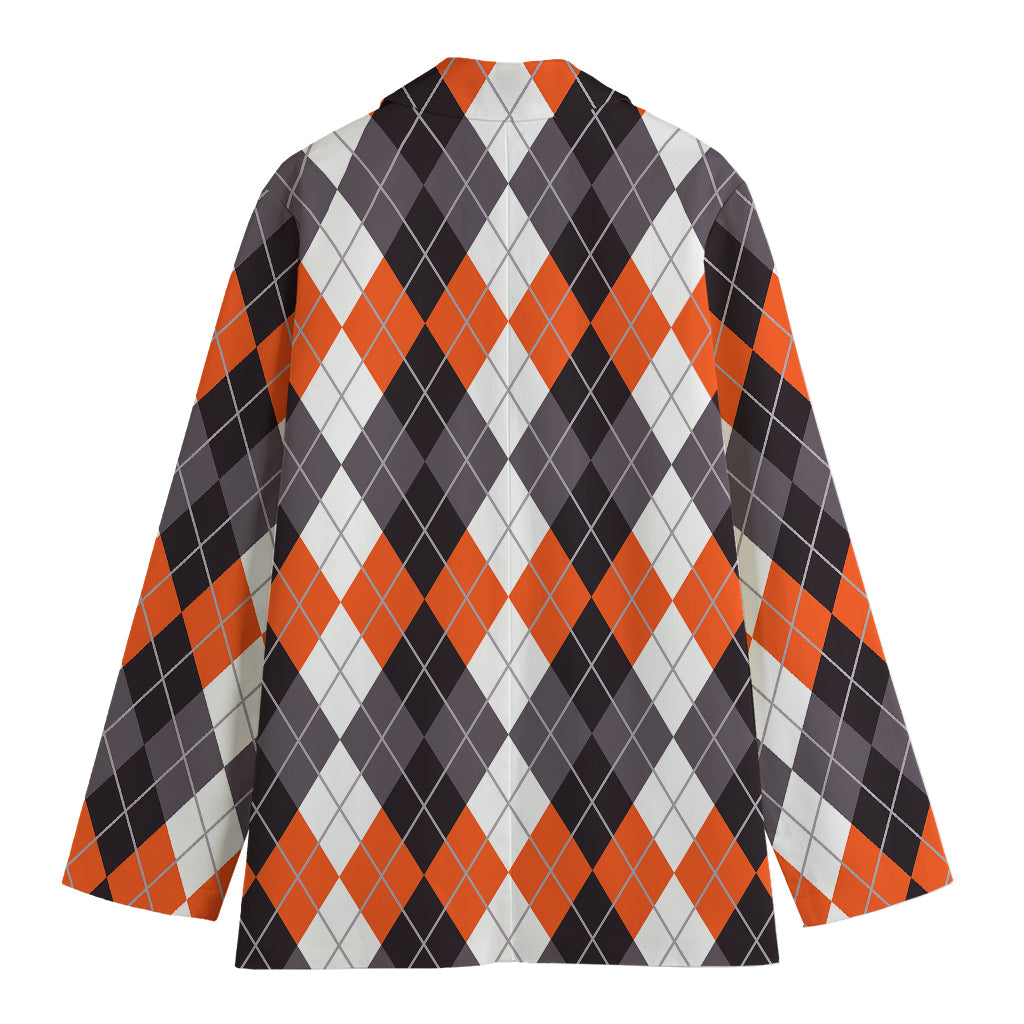 Grey Black Orange And White Argyle Print Women's Cotton Blazer