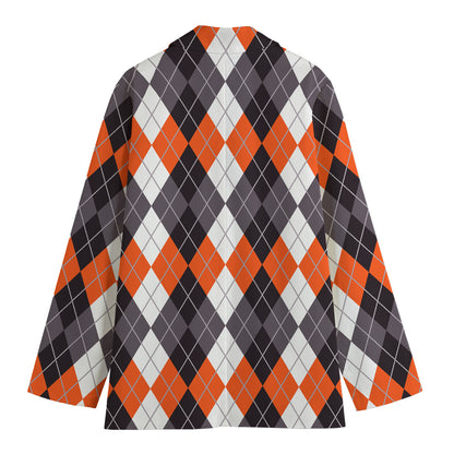 Grey Black Orange And White Argyle Print Women's Cotton Blazer