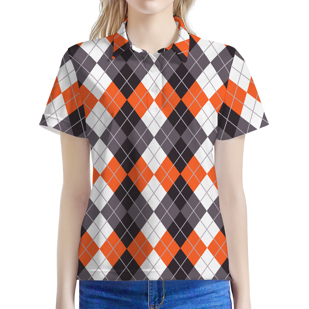 Grey Black Orange And White Argyle Print Women's Polo Shirt