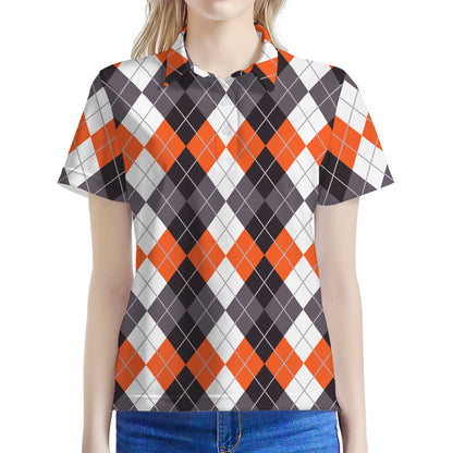 Grey Black Orange And White Argyle Print Women's Polo Shirt