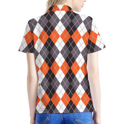Grey Black Orange And White Argyle Print Women's Polo Shirt