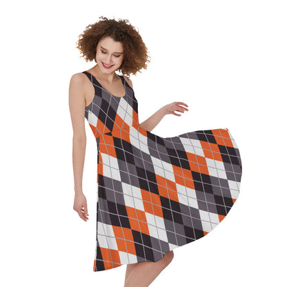 Grey Black Orange And White Argyle Print Women's Sleeveless Dress
