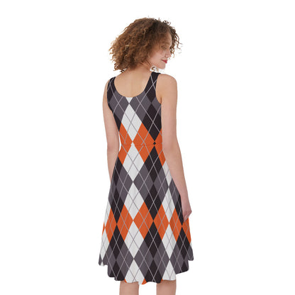 Grey Black Orange And White Argyle Print Women's Sleeveless Dress