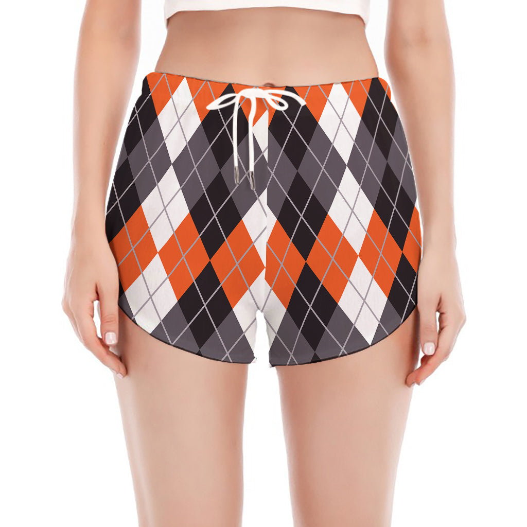 Grey Black Orange And White Argyle Print Women's Split Running Shorts