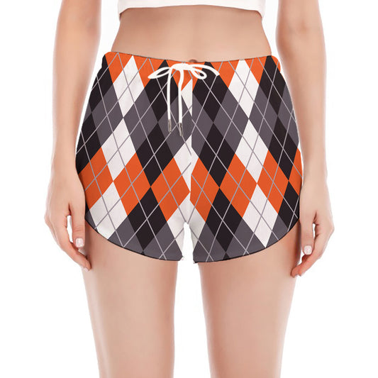 Grey Black Orange And White Argyle Print Women's Split Running Shorts