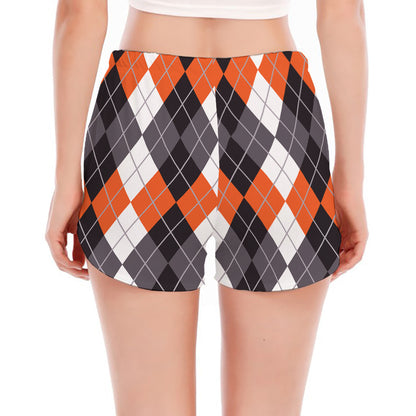 Grey Black Orange And White Argyle Print Women's Split Running Shorts