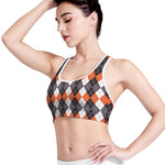 Grey Black Orange And White Argyle Print Women's Sports Bra