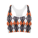 Grey Black Orange And White Argyle Print Women's Sports Bra