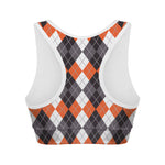 Grey Black Orange And White Argyle Print Women's Sports Bra