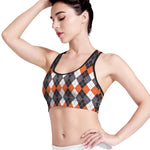 Grey Black Orange And White Argyle Print Women's Sports Bra