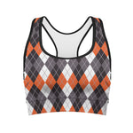 Grey Black Orange And White Argyle Print Women's Sports Bra