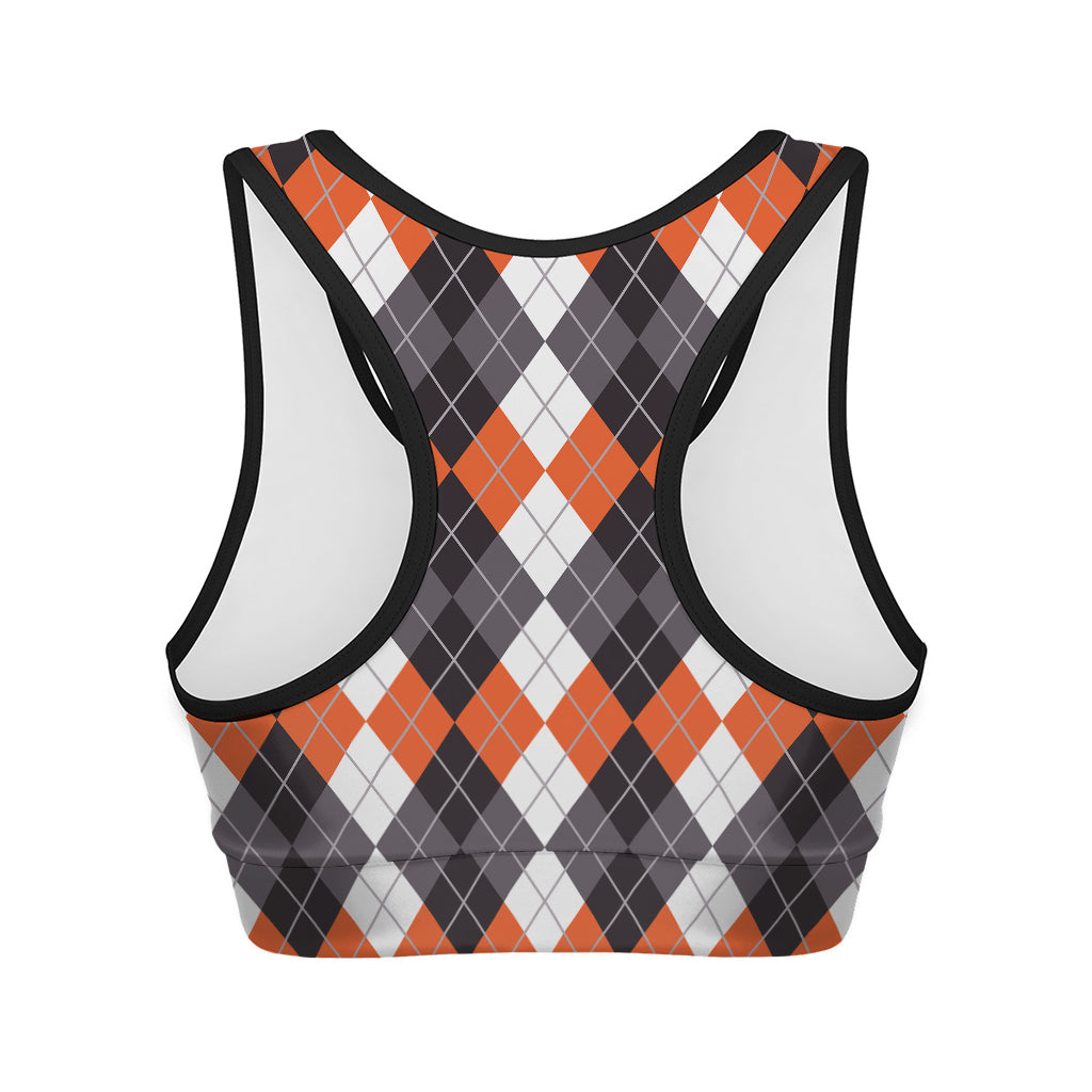 Grey Black Orange And White Argyle Print Women's Sports Bra