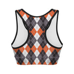 Grey Black Orange And White Argyle Print Women's Sports Bra