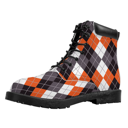 Grey Black Orange And White Argyle Print Work Boots