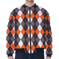 Grey Black Orange And White Argyle Print Zip Sleeve Bomber Jacket