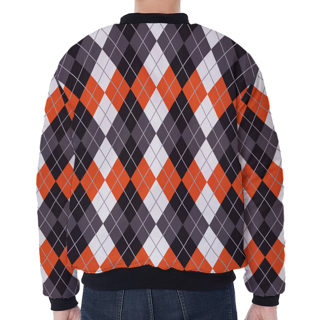 Grey Black Orange And White Argyle Print Zip Sleeve Bomber Jacket