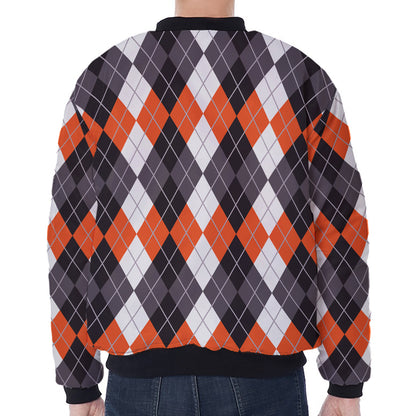 Grey Black Orange And White Argyle Print Zip Sleeve Bomber Jacket