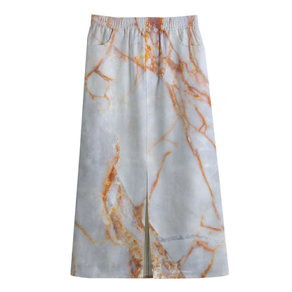 Grey Bronze Marble Print Cotton Front Slit Maxi Skirt