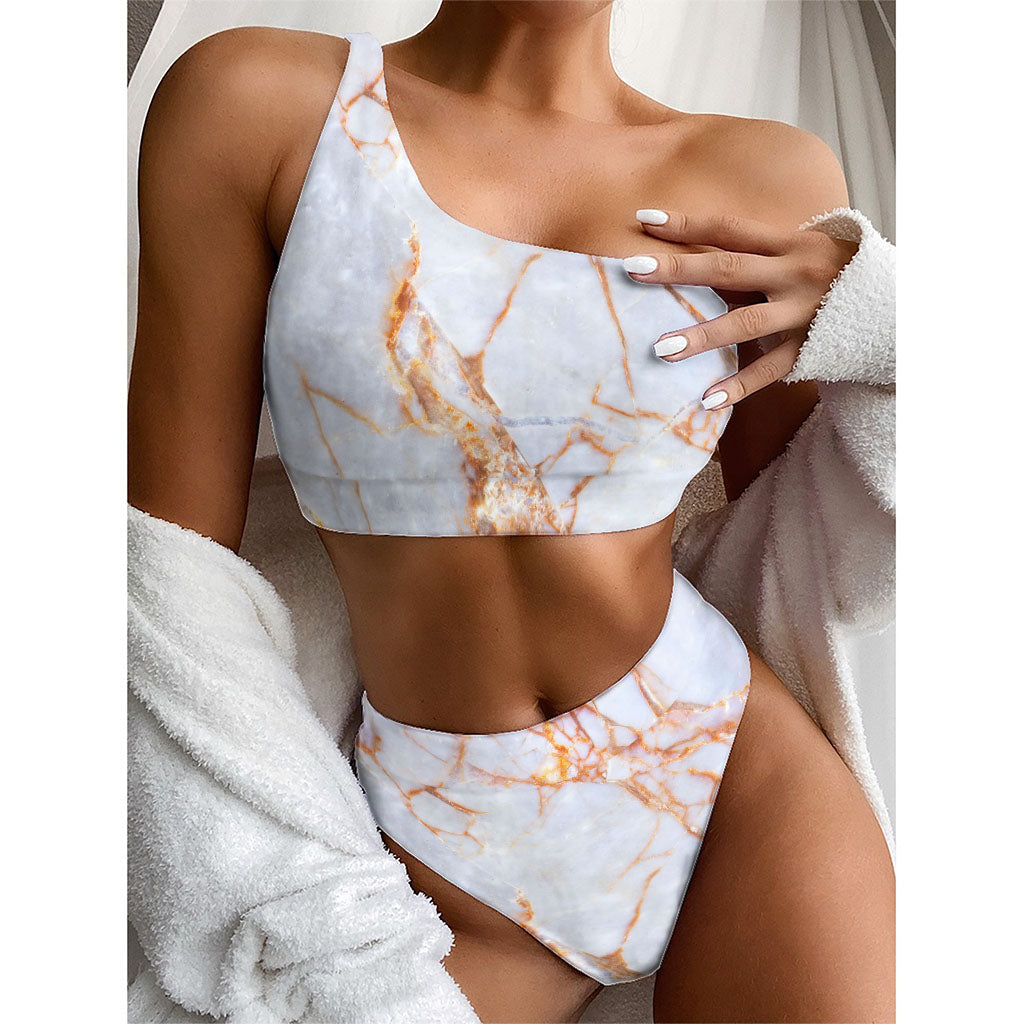 Grey Bronze Marble Print One Shoulder Bikini Top