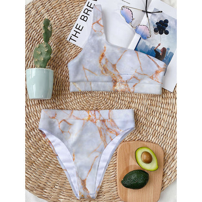 Grey Bronze Marble Print One Shoulder Bikini Top