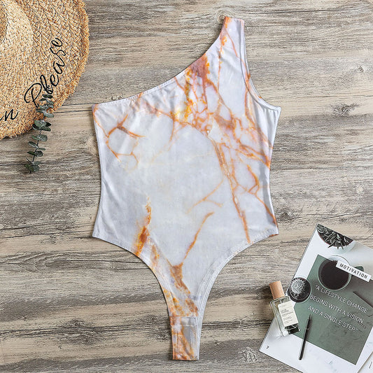 Grey Bronze Marble Print One Shoulder Bodysuit