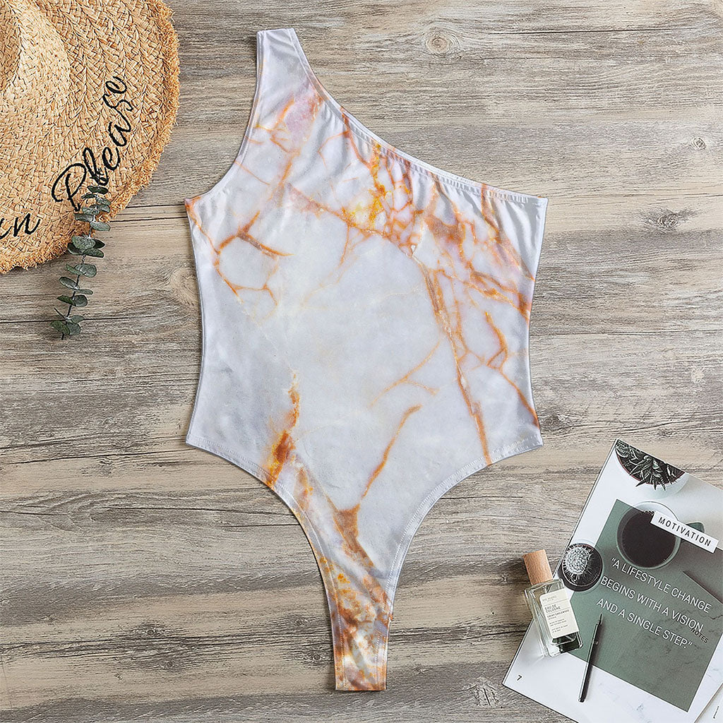 Grey Bronze Marble Print One Shoulder Bodysuit