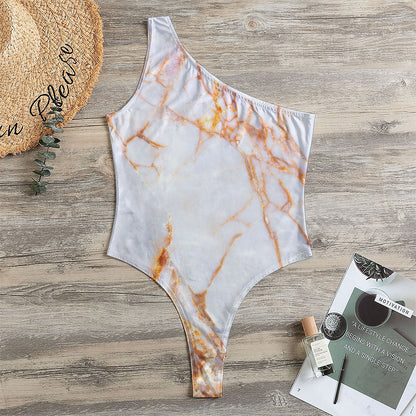 Grey Bronze Marble Print One Shoulder Bodysuit
