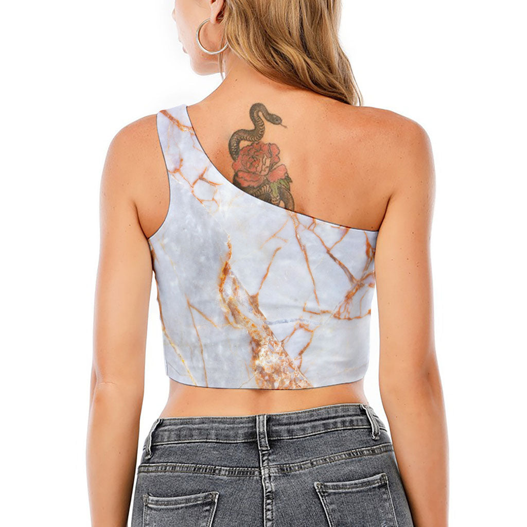 Grey Bronze Marble Print One Shoulder Crop Top