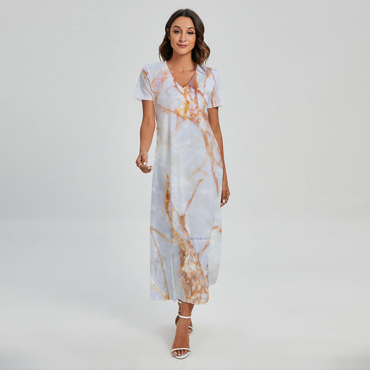 Grey Bronze Marble Print Short Sleeve Maxi Dress