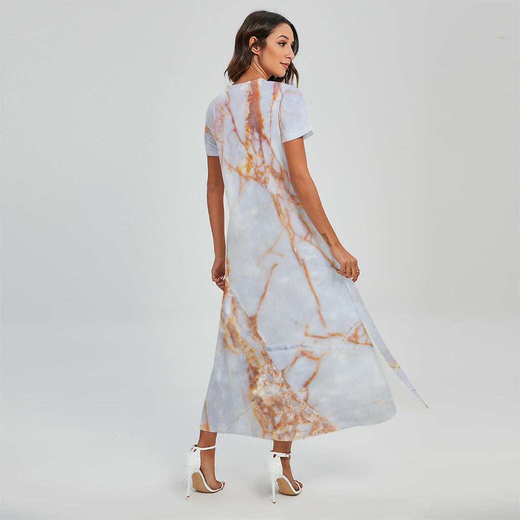 Grey Bronze Marble Print Short Sleeve Maxi Dress