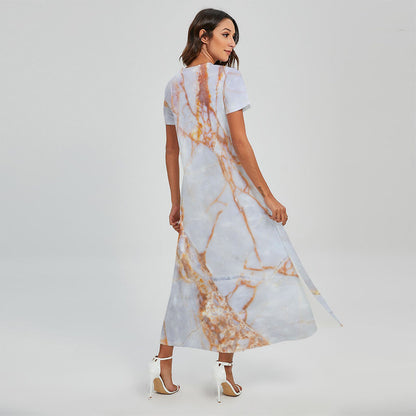 Grey Bronze Marble Print Short Sleeve Maxi Dress