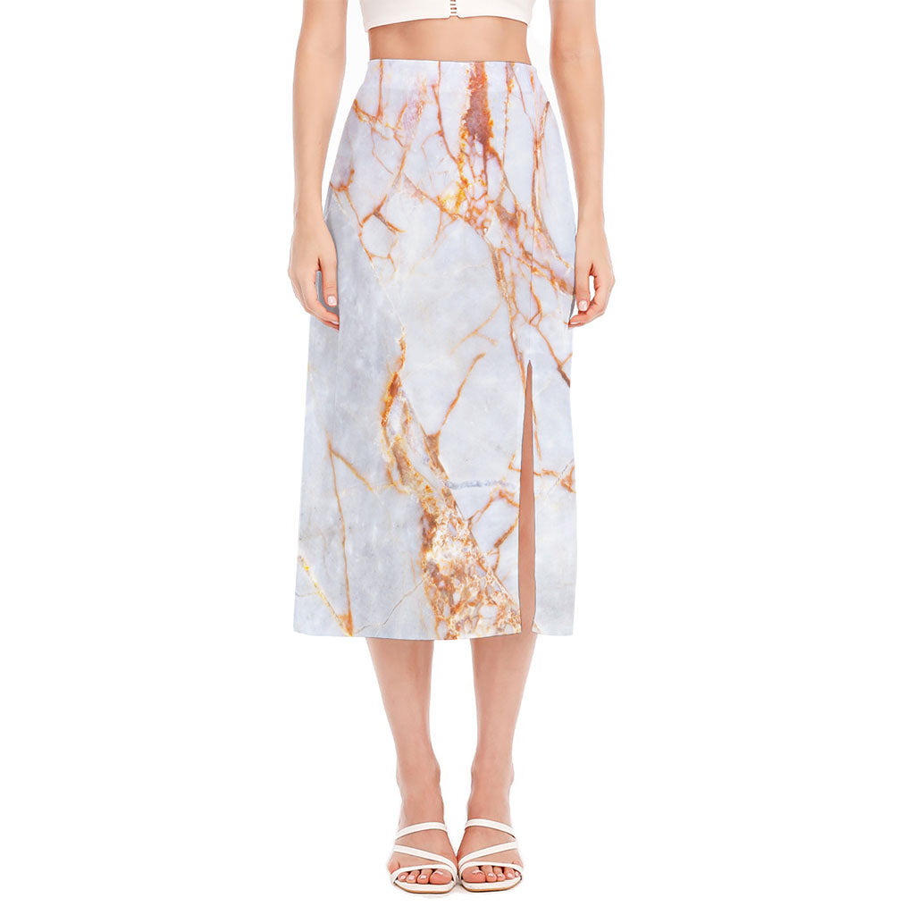 Grey Bronze Marble Print Side Slit Midi Skirt