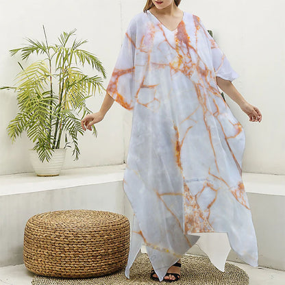 Grey Bronze Marble Print Silk V-Neck Kaftan Dress