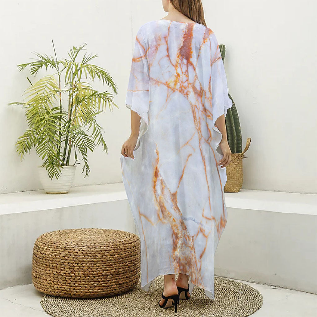 Grey Bronze Marble Print Silk V-Neck Kaftan Dress