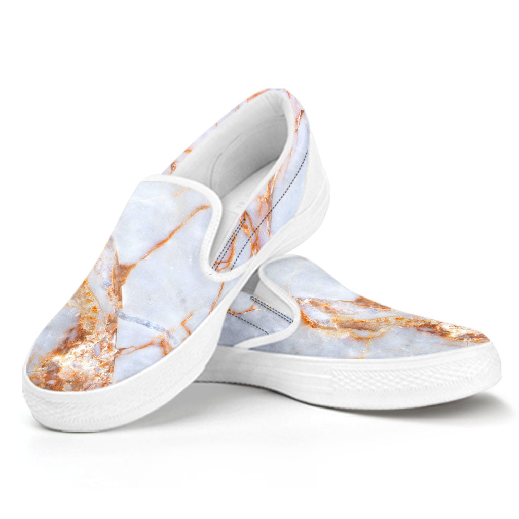 Grey Bronze Marble Print White Slip On Sneakers