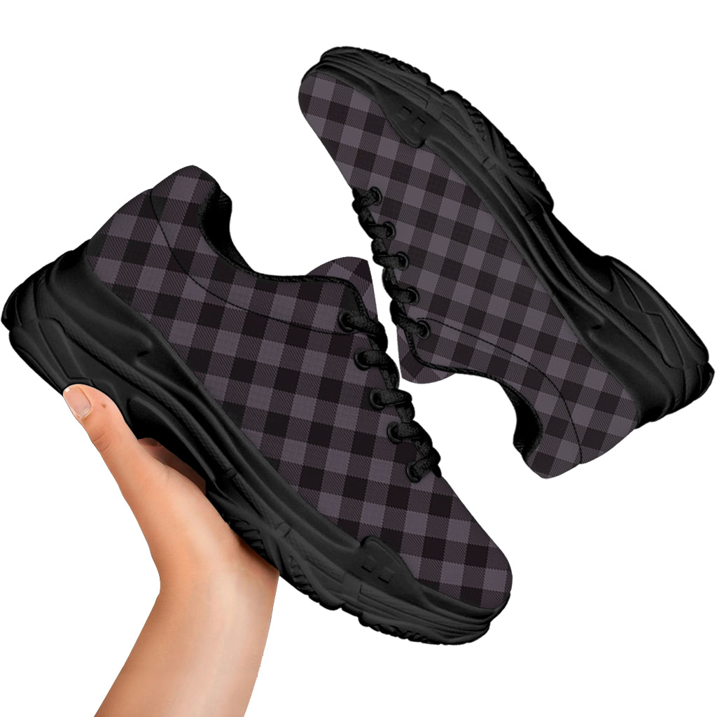 Grey Buffalo Plaid Pattern Print Black Chunky Shoes