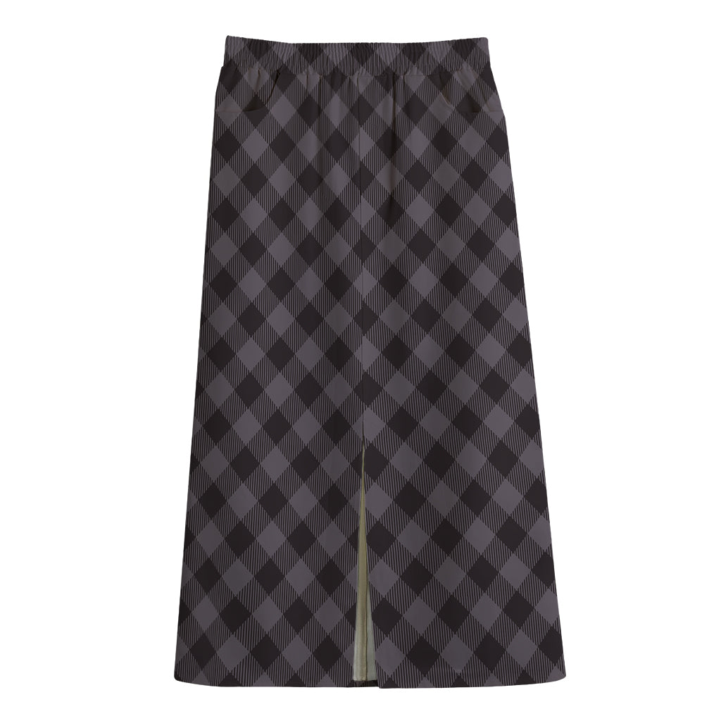 Grey Buffalo Plaid Pattern Print Cotton Front Slit Maxi Skirt