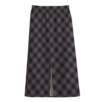 Grey Buffalo Plaid Pattern Print Cotton Front Slit Maxi Skirt