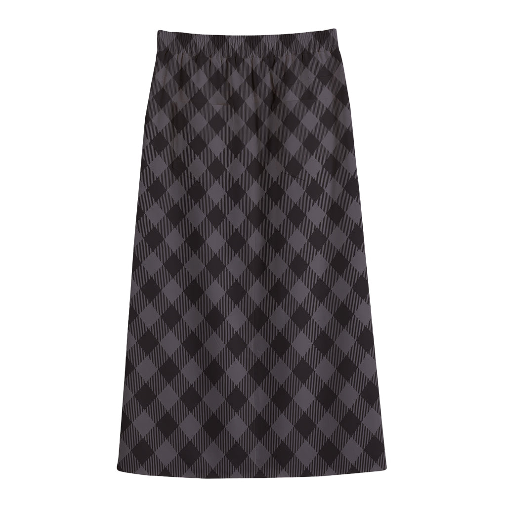 Grey Buffalo Plaid Pattern Print Cotton Front Slit Maxi Skirt