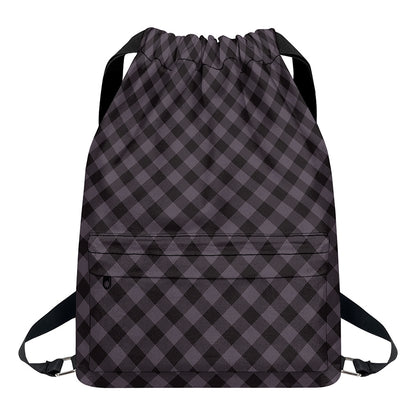 Grey Buffalo Plaid Pattern Print Drawstring Backpack