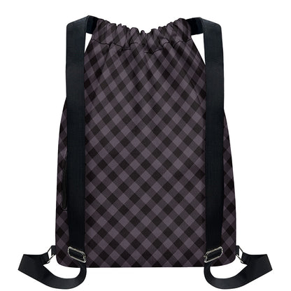 Grey Buffalo Plaid Pattern Print Drawstring Backpack