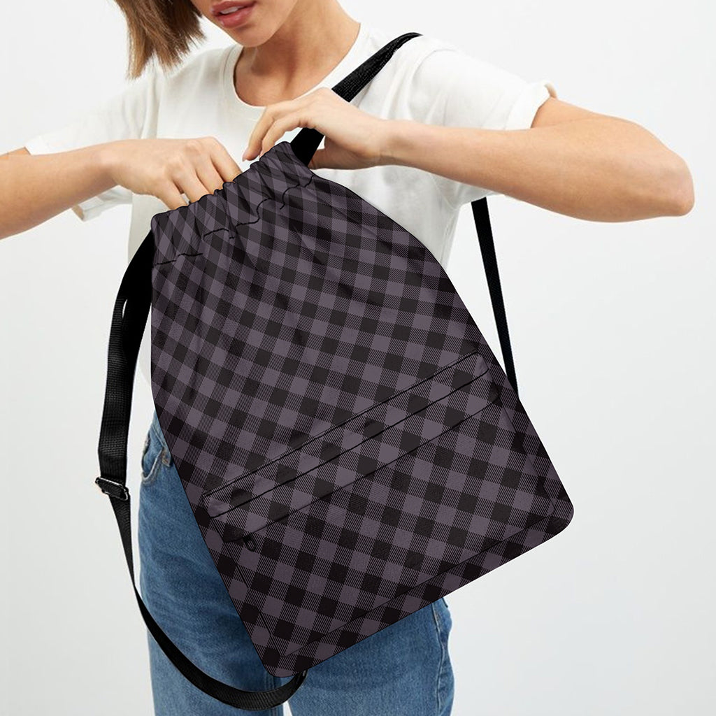 Grey Buffalo Plaid Pattern Print Drawstring Backpack