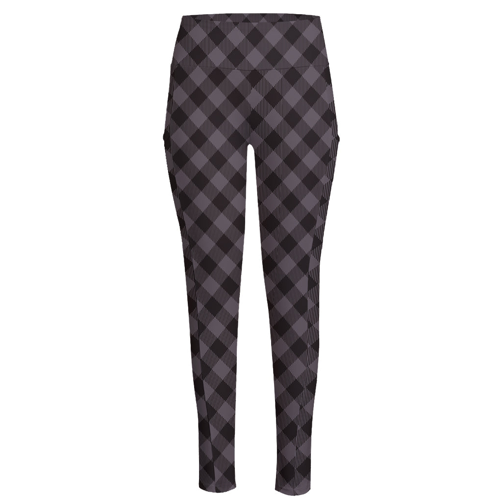 Grey Buffalo Plaid Pattern Print High-Waisted Pocket Leggings