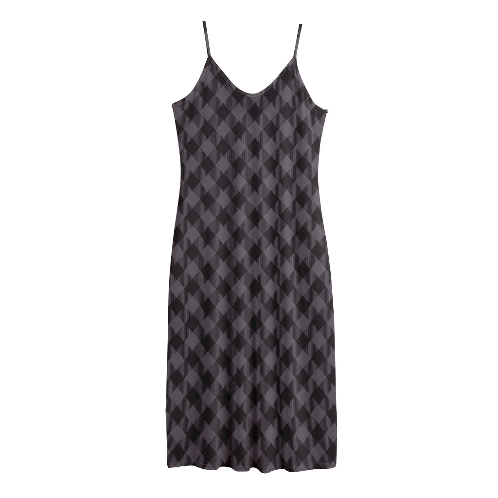 Grey Buffalo Plaid Pattern Print Jersey Midi Cami Dress